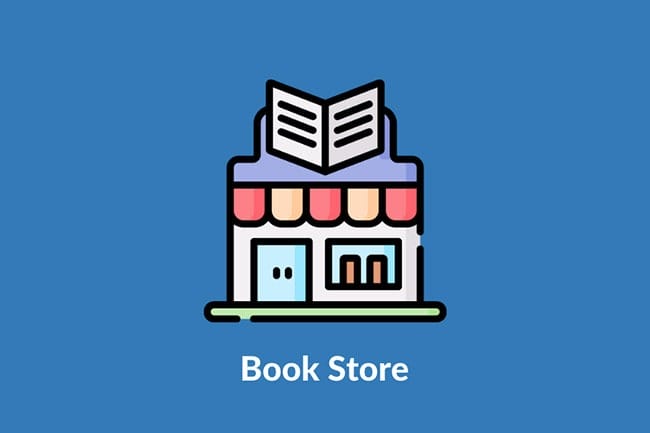 A book store icon highlighting physician authors and medical students on a blue background.