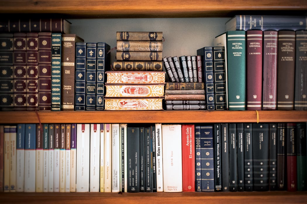 A curated assortment of medical textbooks on a sturdy wooden shelf.