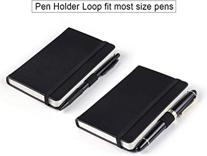Two (2 Pack) Pocket Notebooks Small Hardcover Note Books 3" x 5.5", Mini Ruled Lined Journals, Leather Covers, with Pen Holders, Page Marker Ribbons, Inner Pockets, Black on top of each other.
