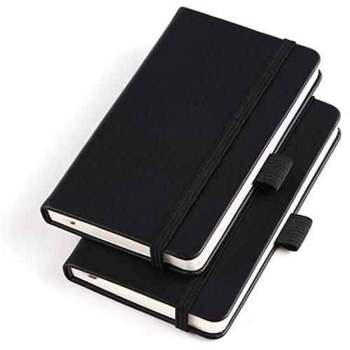 Two (2 Pack) Pocket Notebook Small Hardcover Note Book 3" x 5.5", Mini Ruled Lined Journals, Leather Cover, with Pen Holder, Page Marker Ribbons, Inner Pockets, Black.