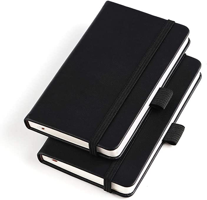 Two (2 Pack) Pocket Notebook Small Hardcover Note Book 3" x 5.5", Mini Ruled Lined Journals, Leather Cover, with Pen Holder, Page Marker Ribbons, Inner Pockets, Black.