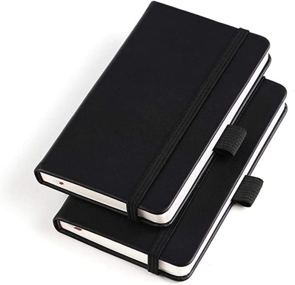 Two (2 Pack) Pocket Notebook Small Hardcover Note Book 3" x 5.5", Mini Ruled Lined Journals, Leather Cover, with Pen Holder, Page Marker Ribbons, Inner Pockets, Black.