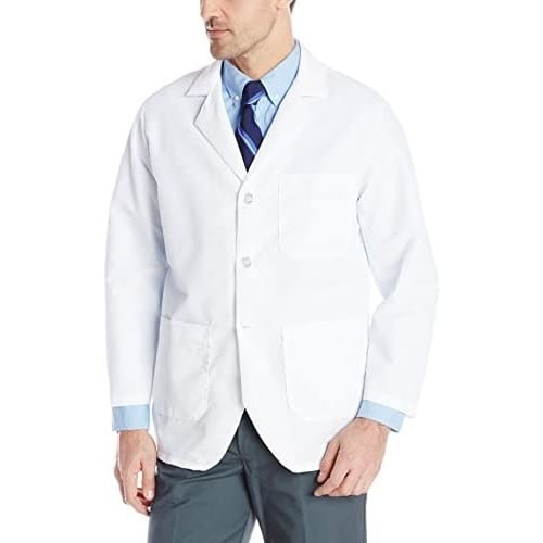 A man donning a classic white lab coat with a Red Kap Men's Notch Collar Lapel Counter Coat.