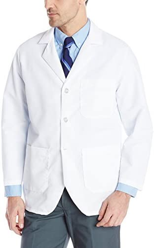 A man donning a classic white lab coat with a Red Kap Men's Notch Collar Lapel Counter Coat.