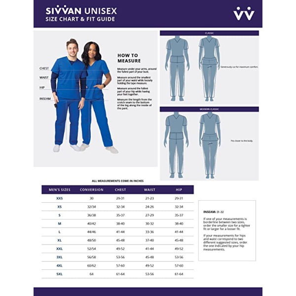 Swain uniforms SIVVAN Unisex Scrubs - Classic V-Neck Top & Drawstring Pants Scrub Set (Black) size chart for men and women.