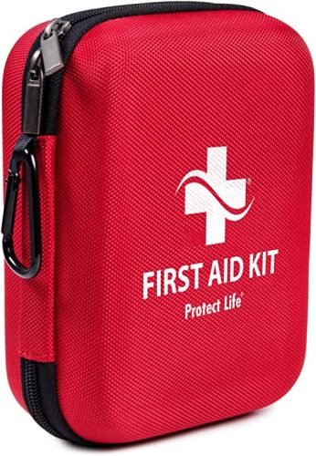 A red First Aid Kit - 200 Piece Safety Kits - for Car, Home, Outdoors, Sports, Camping, Hiking or Office | Red Case Fully Packed with Emergency Supplies.