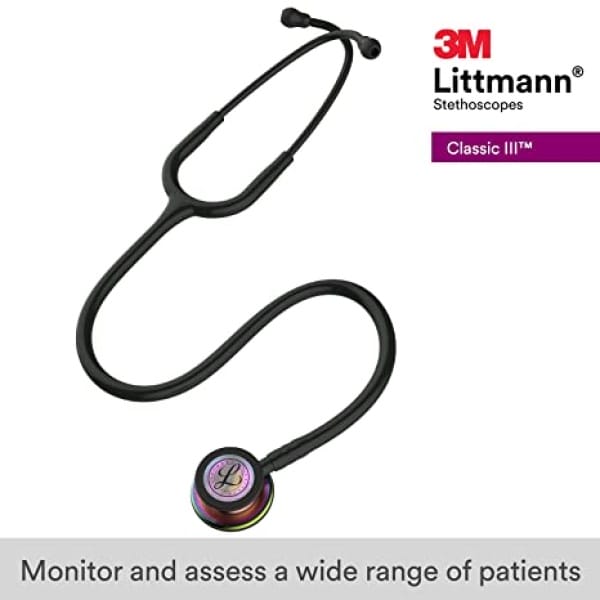 3M Littmann Classic III Monitoring Stethoscope, Rainbow-Finish Chestpiece, Black Stem and Headset, Black Tube, 27 Inch, 5870, assess patients.