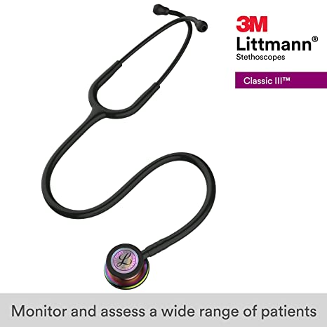 3M Littmann Classic III Monitoring Stethoscope, Rainbow-Finish Chestpiece, Black Stem and Headset, Black Tube, 27 Inch, 5870, assess patients.