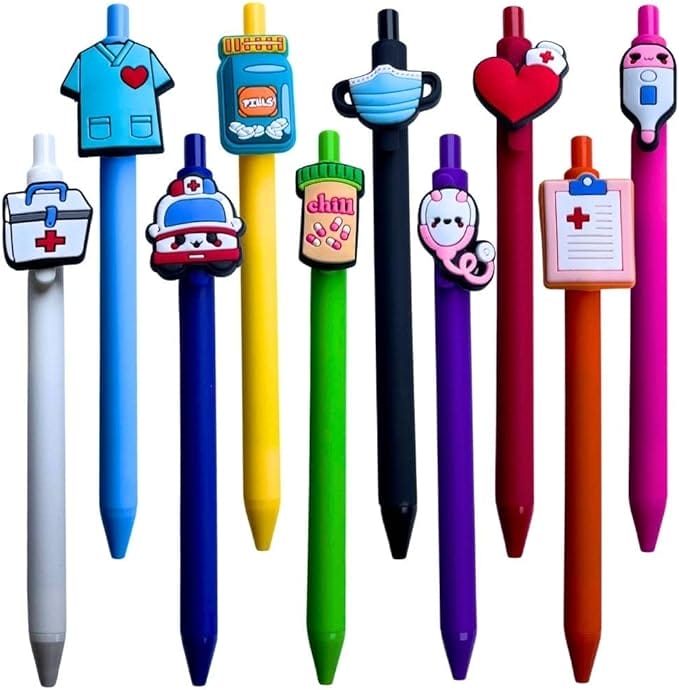 10-Pack of Cute Nursing Pens with Heart, Syringe Designs in Black Ink